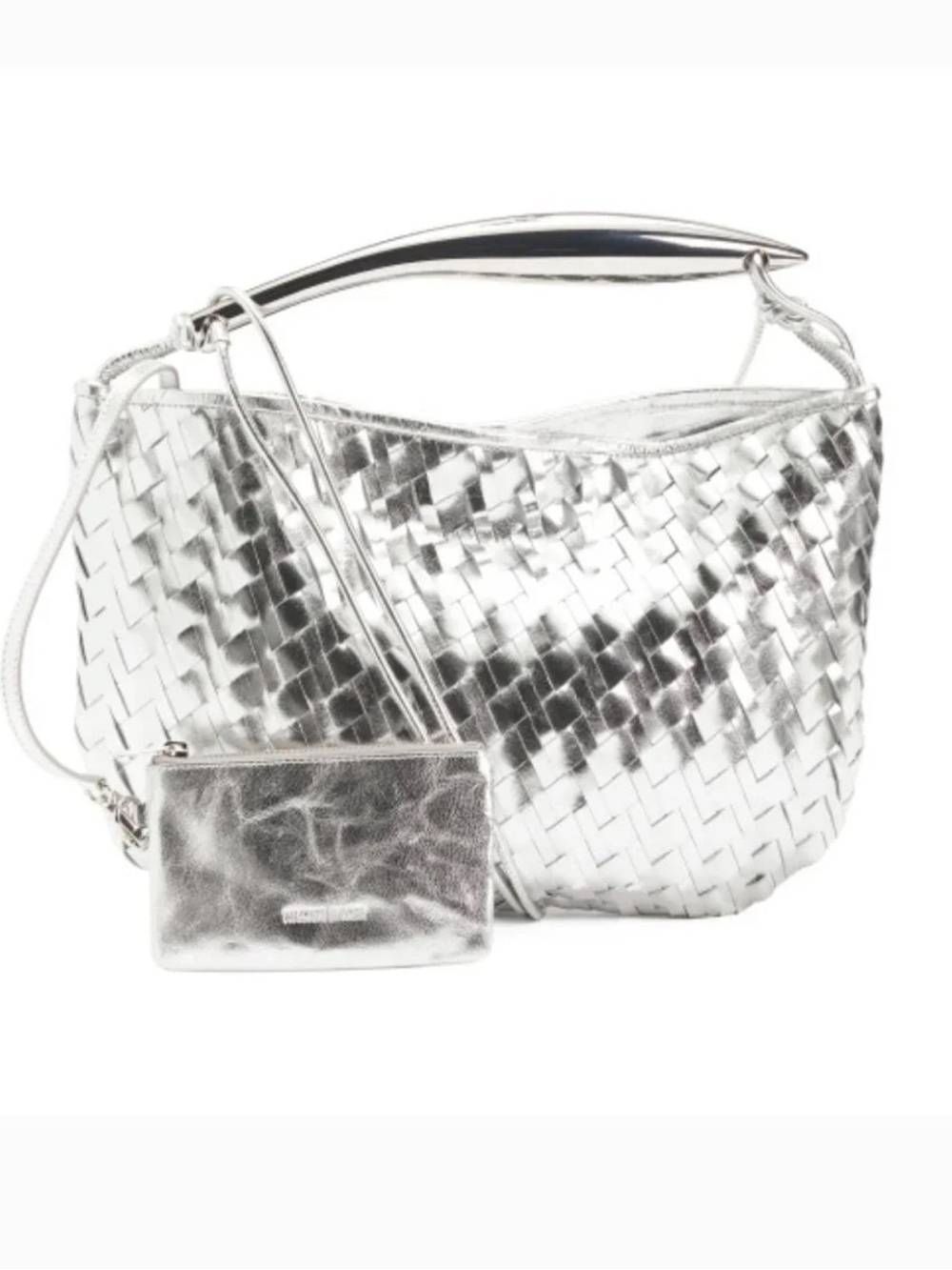 Walter Baker Metallic Silver Woven Shoulder Bag with Removable Pouch